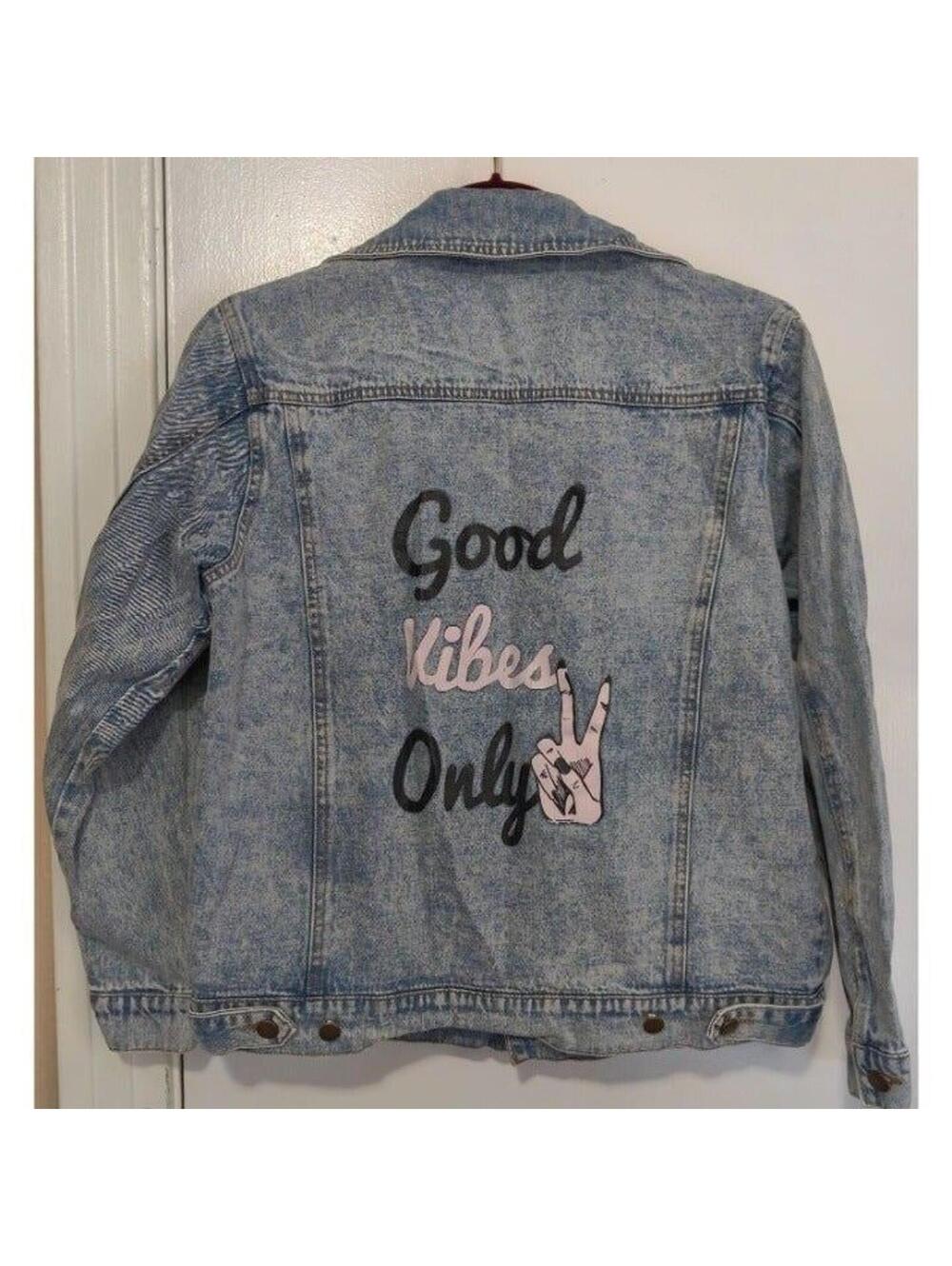 Good Vibes Only Jean Embroidered Details Front Back Jacket - Picture 6 of 7